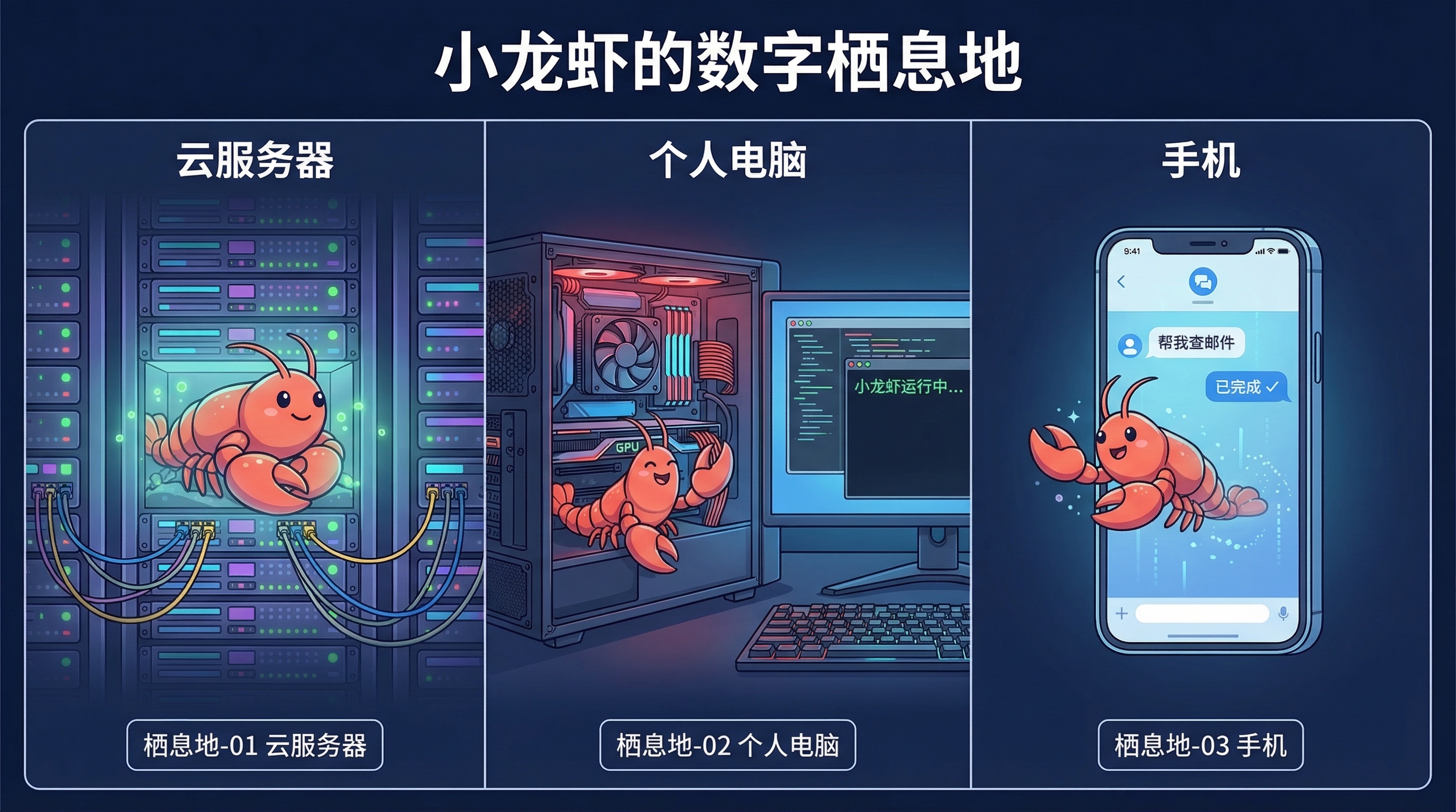 小龙虾的数字栖息地 — 云服务器、个人电脑、手机三栖生活